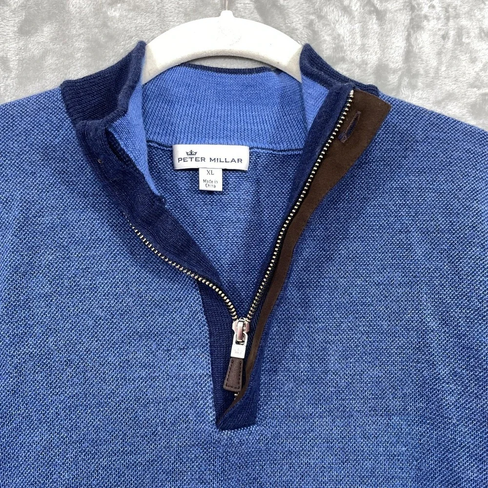 PETER MILLAR Sweater Men's XL Blue 100% Extra Fine Merino Wool 1/4 Zip